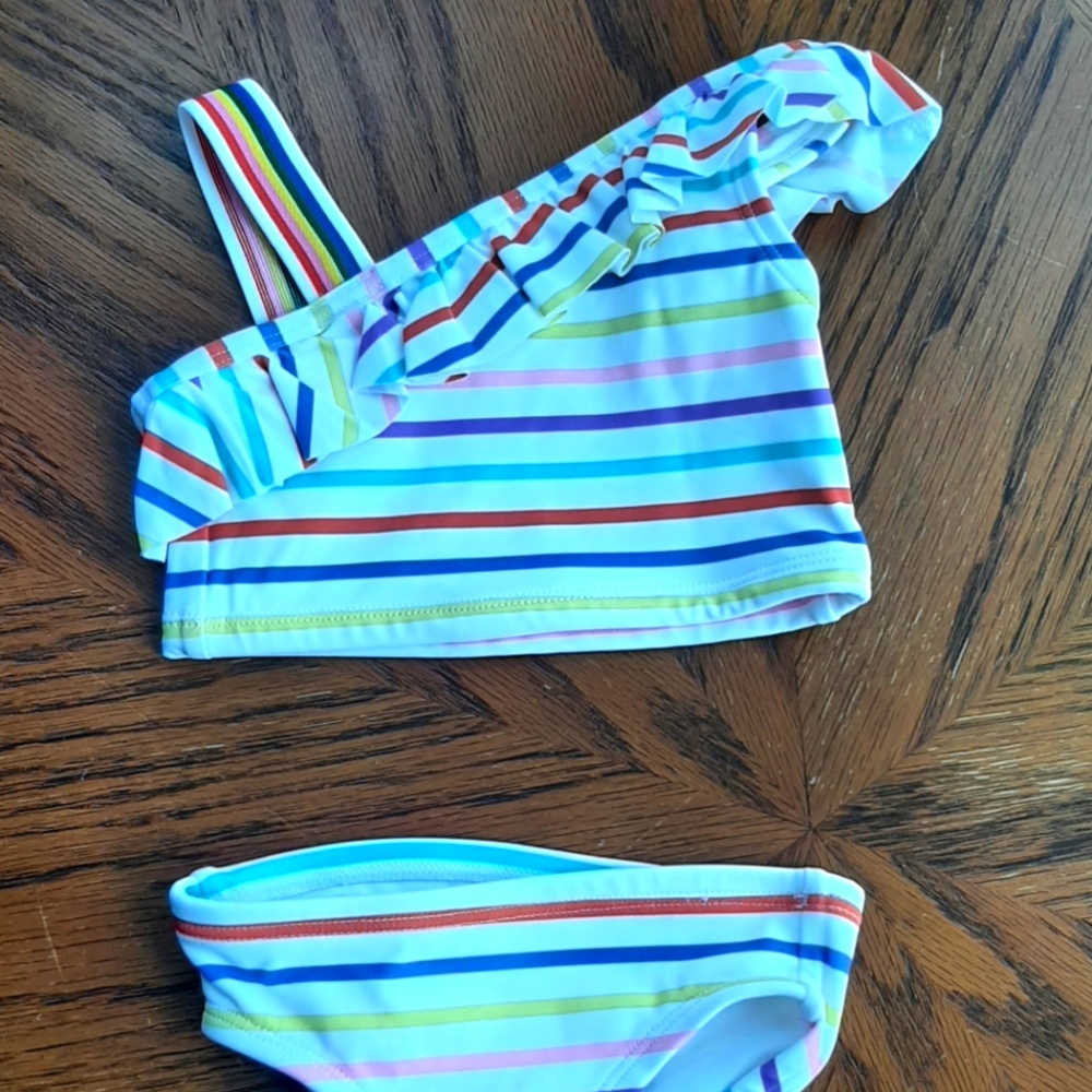 Hanna Andersson Rainbow Striped One Shoulder Ruffle Tankini Toddler 18-24 Months
